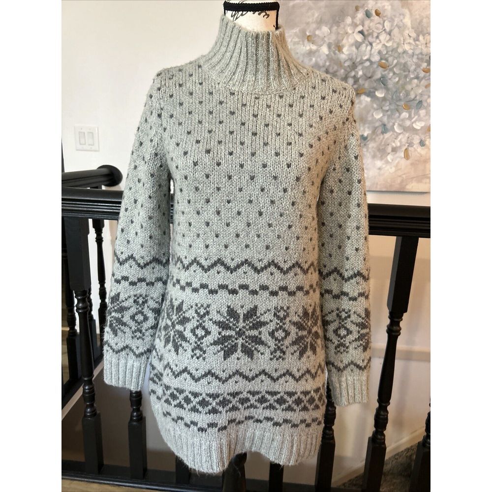 J Jill Sweater Womens SM Gray Blue Pullover Mock Neck Fair Isle Polka Dot Chunky